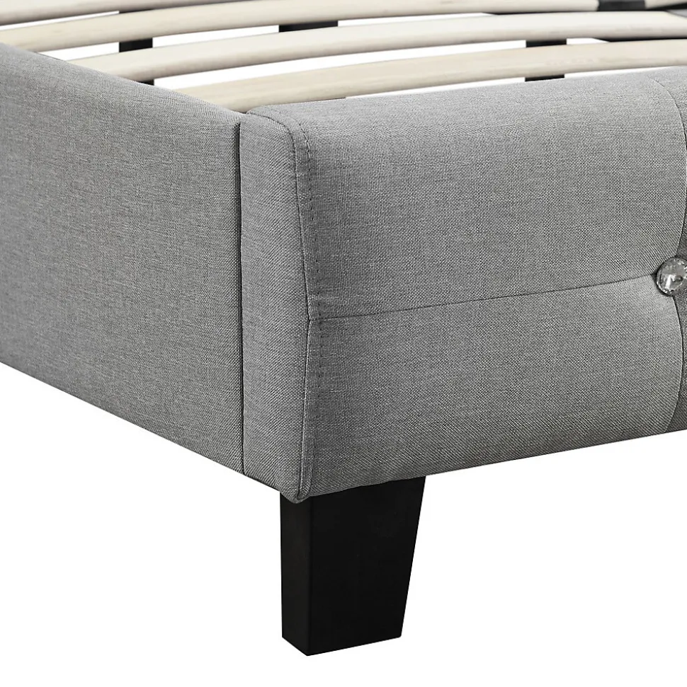 Lit simple JOLIEN, 120 x 190 cm, capitonné avec sommier, revêtement en tissu gris