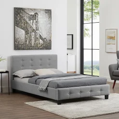 Lit simple JOLIEN, 120 x 190 cm, capitonné avec sommier, revêtement en tissu gris