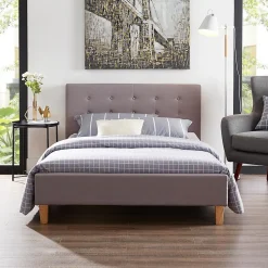 Lit simple LILLE, 120 x 190 cm, capitonné avec sommier, revêtement en tissu gris