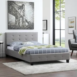 Lit simple MARLON, 120 x 190 cm, capitonné avec sommier, revêtement en tissu gris