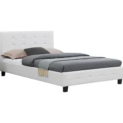 Lit simple MARLON, 120 x 190 cm, capitonné avec sommier, revêtement synthétique blanc