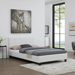 Lit simple MARLON, 120 x 190 cm, capitonné avec sommier, revêtement synthétique blanc