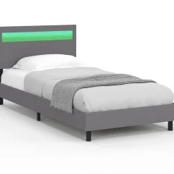 Lit simple NEO avec tête de lit LED intégrées et sommier 90 x 190 cm PVC gris