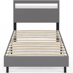 Lit simple NEO avec tête de lit LED intégrées et sommier 90 x 190 cm PVC gris