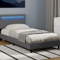 Lit simple NEO avec tête de lit LED intégrées et sommier 90 x 190 cm PVC gris