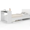Lit simple OMAHA 90 x 190 cm avec sommier, tête de lit, bureau et rangements blanc