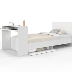 Lit simple OMAHA 90 x 190 cm avec sommier, tête de lit, bureau et rangements blanc