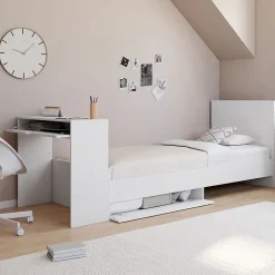 Lit simple OMAHA 90 x 190 cm avec sommier, tête de lit, bureau et rangements blanc