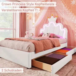 Lit Simple pour enfant 90 x 200 cm - Lit avec 2 Rangements - PU + MDF - Sans Matelas - Blanc