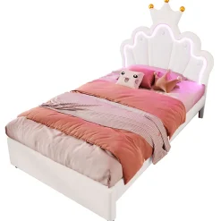 Lit Simple pour enfant 90 x 200 cm - Lit avec 2 Rangements - PU + MDF - Sans Matelas - Blanc