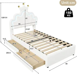 Lit Simple pour enfant 90 x 200 cm - Lit avec 2 Rangements - PU + MDF - Sans Matelas - Blanc