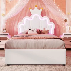 Lit Simple pour enfant 90 x 200 cm - Lit avec 2 Rangements - PU + MDF - Sans Matelas - Blanc