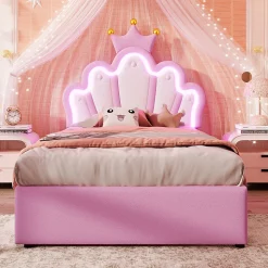 Lit Simple pour enfant 90 x 200 cm - Lit avec 2 Rangements - PU + MDF - Sans Matelas - Rose