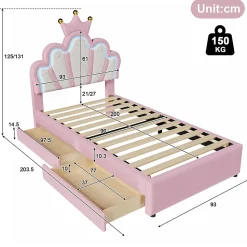 Lit Simple pour enfant 90 x 200 cm - Lit avec 2 Rangements - PU + MDF - Sans Matelas - Rose