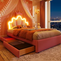 Lit Simple pour enfant 90 x 200 cm - Lit avec 2 Rangements - PU + MDF - Sans Matelas - Rose