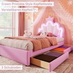 Lit Simple pour enfant 90 x 200 cm - Lit avec 2 Rangements - PU + MDF - Sans Matelas - Rose