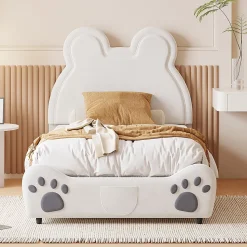 Lit simple pour enfant 90x200 cm - Lit capitonné en forme d'ours - Velours + Métal + MDF - Sans matelas - Blanc
