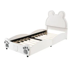 Lit simple pour enfant 90x200 cm - Lit capitonné en forme d'ours - Velours + Métal + MDF - Sans matelas - Blanc