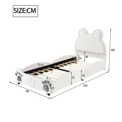 Lit simple pour enfant 90x200 cm - Lit capitonné en forme d'ours - Velours + Métal + MDF - Sans matelas - Blanc