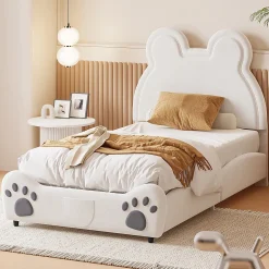Lit simple pour enfant 90x200 cm - Lit capitonné en forme d'ours - Velours + Métal + MDF - Sans matelas - Blanc