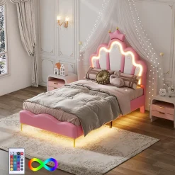 Lit simple pour enfant 90x200 cm - Lit enfant avec bande lumineuse LED - MDF + Cuir synthétique + Métal - Sans matelas - Rose