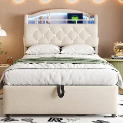 Lit simple rembourré 90 sur 200 en velours avec LED port USB et rangement multifonctionnel couleur beige