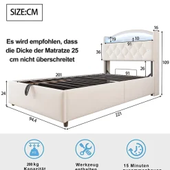 Lit simple rembourré 90 sur 200 en velours avec LED port USB et rangement multifonctionnel couleur beige