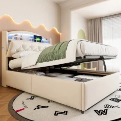 Lit simple rembourré 90 sur 200 en velours avec LED port USB et rangement multifonctionnel couleur beige
