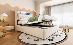 Lit simple rembourré 90 sur 200 en velours avec LED port USB et rangement multifonctionnel couleur beige