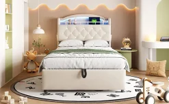 Lit simple rembourré 90 sur 200 en velours avec LED port USB et rangement multifonctionnel couleur beige