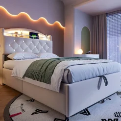 Lit simple rembourré 90 sur 200 en velours avec LED port USB et rangement multifonctionnel couleur beige