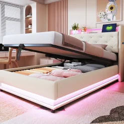 Lit simple rembourré 90 sur 200 avec LED multicolores port USB tête relevable coffre hydraulique poche téléphone lin beige