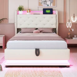 Lit simple rembourré 90 sur 200 avec LED multicolores port USB tête relevable coffre hydraulique poche téléphone lin beige