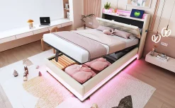 Lit simple rembourré 90 sur 200 avec LED multicolores port USB tête relevable coffre hydraulique poche téléphone lin beige