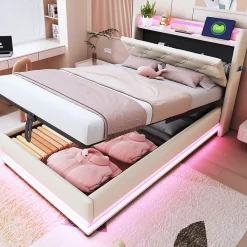 Lit simple rembourré 90 sur 200 avec LED multicolores port USB tête relevable coffre hydraulique poche téléphone lin beige