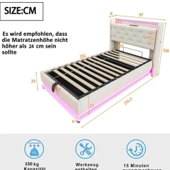 Lit simple rembourré 90 sur 200 avec LED multicolores port USB tête relevable coffre hydraulique poche téléphone lin beige