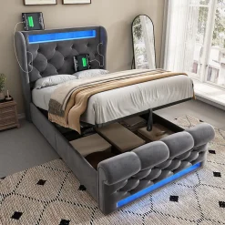 Lit simple rembourré avec éclairage LED,ports USB et Type-C,lit coffre hydraulique,cadre de lit 90x200cm,velours,gris