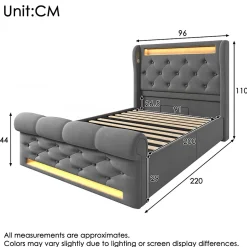 Lit simple rembourré avec éclairage LED,ports USB et Type-C,lit coffre hydraulique,cadre de lit 90x200cm,velours,gris