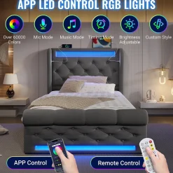 Lit simple rembourré avec éclairage LED,ports USB et Type-C,lit coffre hydraulique,cadre de lit 90x200cm,velours,gris