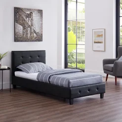 Lit simple REVE, 90 x 190 cm, capitonné avec sommier, revêtement synthétique noir