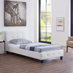 Lit simple REVE, 90 x 190 cm, capitonné avec sommier, revêtement synthétique blanc