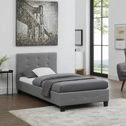 Lit simple TICO, 90 x 190 cm, capitonné avec sommier, revêtement en tissu gris