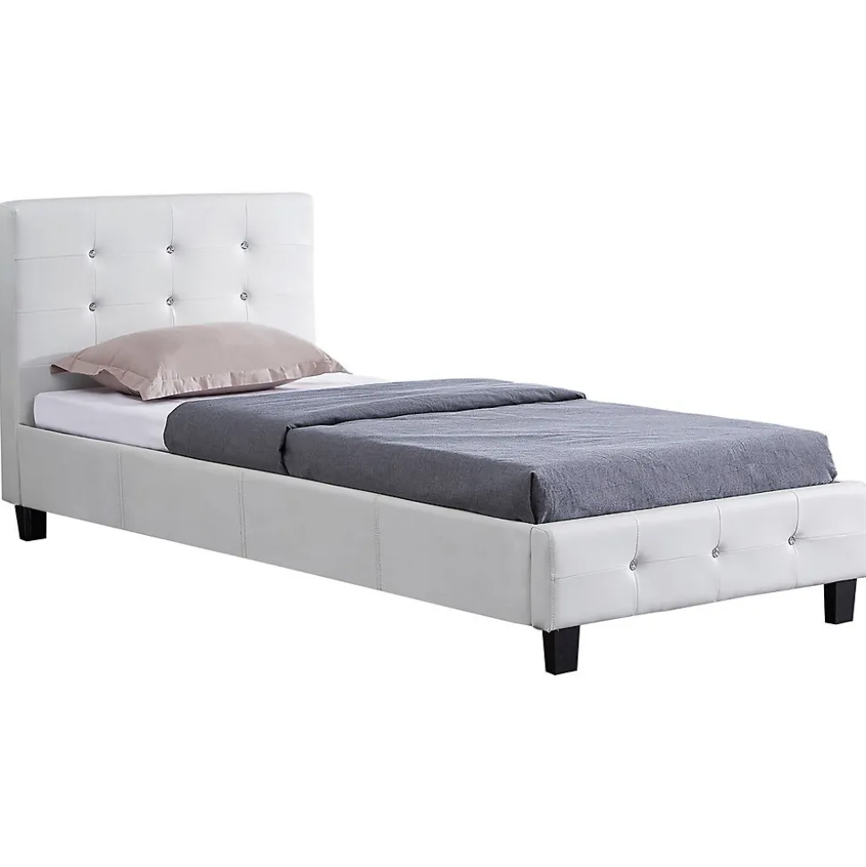 Lit simple TICO, 90 x 190 cm, capitonné avec sommier, revêtement synthétique blanc