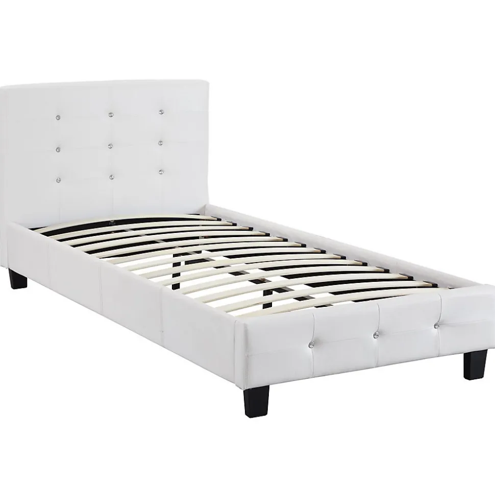 Lit simple TICO, 90 x 190 cm, capitonné avec sommier, revêtement synthétique blanc