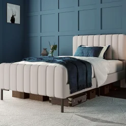 Lit simple 90x200 - Lit rembourré avec cadre en bois et métal - Lin - Sans Matelas - Beige