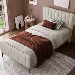 Lit simple 90x200 - Lit rembourré avec cadre en bois et métal - Lin - Sans Matelas - Beige