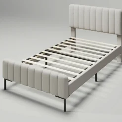 Lit simple 90x200 - Lit rembourré avec cadre en bois et métal - Lin - Sans Matelas - Beige