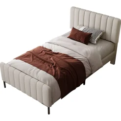 Lit simple 90x200 - Lit rembourré avec cadre en bois et métal - Lin - Sans Matelas - Beige