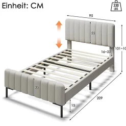 Lit simple 90x200 - Lit rembourré avec cadre en bois et métal - Lin - Sans Matelas - Beige