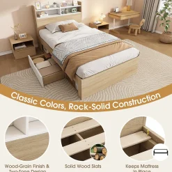 Lit Simple 90x190 cm - 2 Tiroirs et Étagères, Tête de Lit avec Rangement, en Bois Partiel Massif - Sans Matelas - Blanc